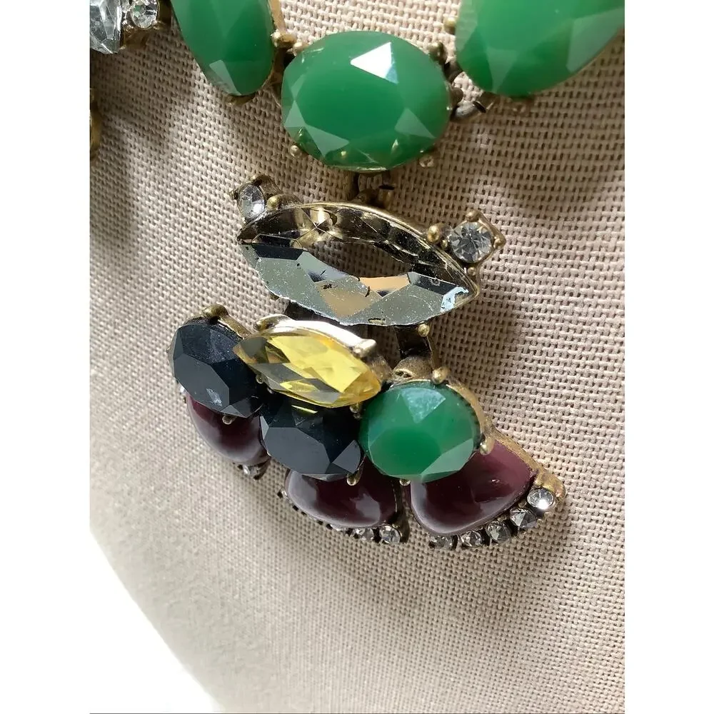 JCrew Gold Tone Jade Green Lucite Crystal Cluster Statement Necklace Boho F16-22